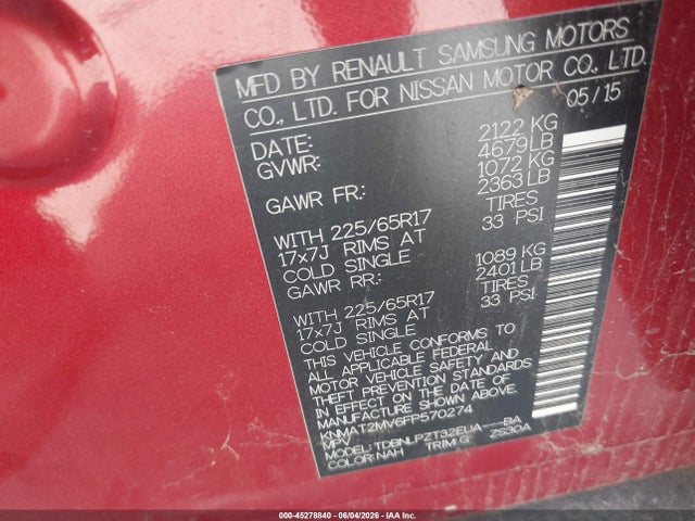 Aukcja sprzedaży 2015 Nissan Rogue S, vin: KNMAT2MV6FP570274, numer aukcji: 45278840