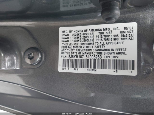 45278847 :رقم المزاد ، 5J6YH18718L005263 vin ، 2008 Honda Element Ex مزاد بيع