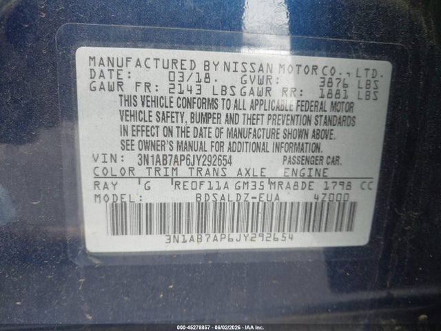 Продажа на аукционе авто 2018 Nissan Sentra Sv, vin: 3N1AB7AP6JY292654, номер лота: 45278857