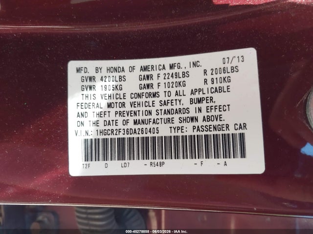 Aukcja sprzedaży 2013 Honda Accord Lx, vin: 1HGCR2F36DA260405, numer aukcji: 45278858