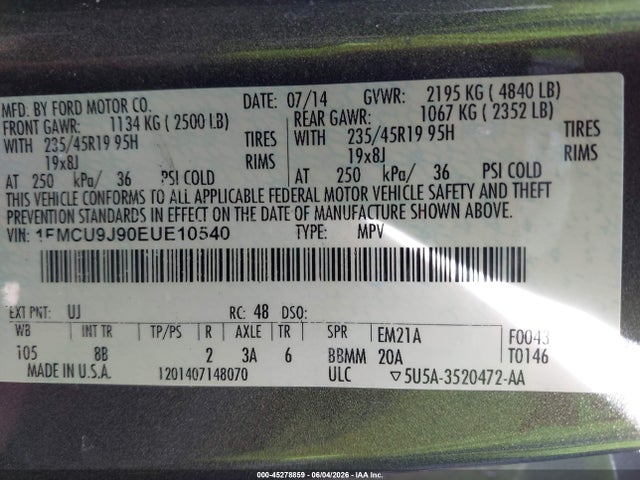 45278859 :رقم المزاد ، 1FMCU9J90EUE10540 vin ، 2014 Ford Escape Titanium مزاد بيع