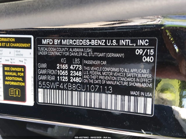 Aukcja sprzedaży 2016 Mercedes-benz C 300 4matic, vin: 55SWF4KB8GU107113, numer aukcji: 45278862