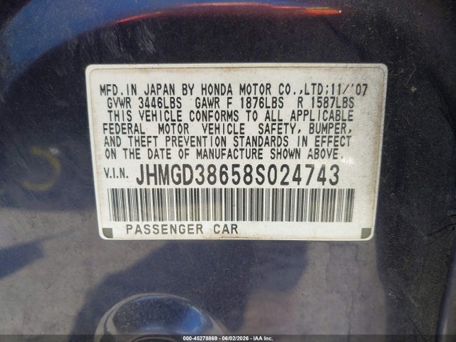 Aukcja sprzedaży 2008 Honda Fit Sport, vin: JHMGD38658S024743, numer aukcji: 45278869