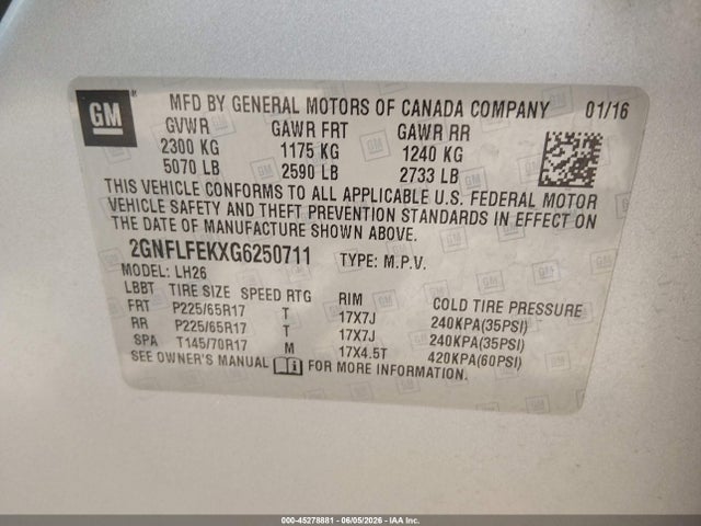 Продаж на аукціоні авто 2016 Chevrolet Equinox Lt, vin: 2GNFLFEKXG6250711, номер лоту: 45278881