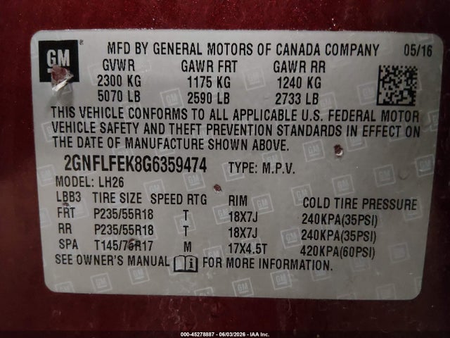 45278887 :رقم المزاد ، 2GNFLFEK8G6359474 vin ، 2016 Chevrolet Equinox Lt مزاد بيع