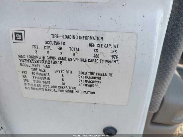 45278905 :رقم المزاد ، 1G2HX52K2XH216815 vin ، 1999 Pontiac Bonneville Se مزاد بيع