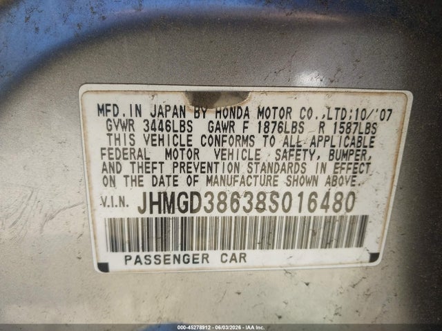 45278912 :رقم المزاد ، JHMGD38638S016480 vin ، 2008 Honda Fit Sport مزاد بيع