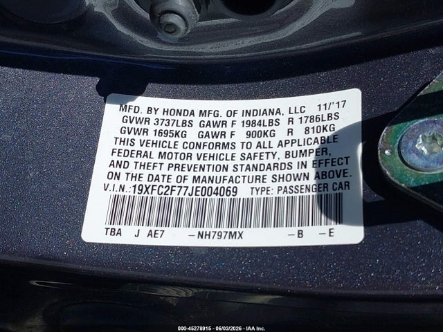Honda CIVIC EX 2018 19XFC2F77JE004069 Image 9