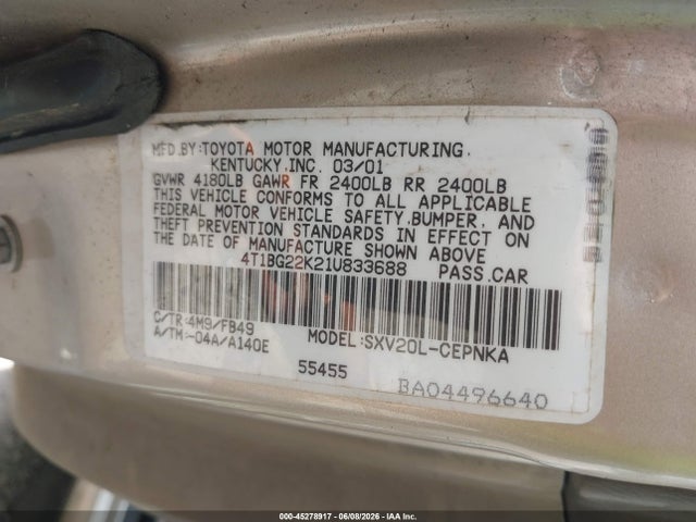Продаж на аукціоні авто 2001 Toyota Camry Le, vin: 4T1BG22K21U833688, номер лоту: 45278917
