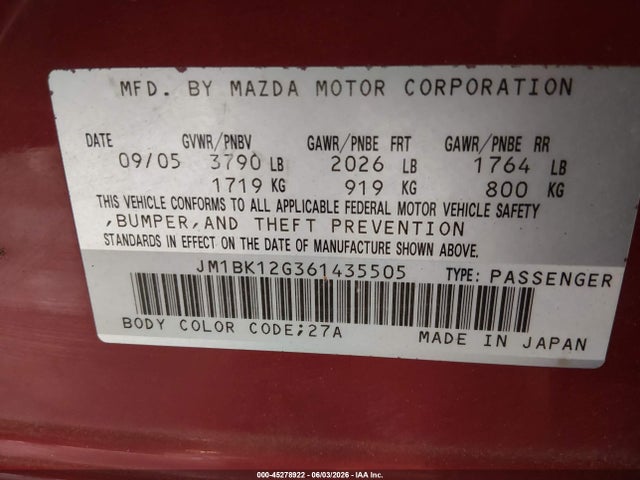 Aukcja sprzedaży 2006 Mazda Mazda3 I, vin: JM1BK12G361435505, numer aukcji: 45278922