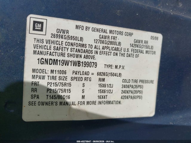 1998 Chevrolet Astro მანქანა იყიდება აუქციონზე, vin: 1GNDM19W1WB199079, აუქციონის ნომერი: 45278947