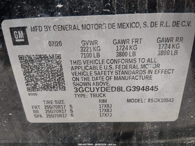 Продаж на аукціоні авто 2020 Chevrolet Silverado 1500 4wd  Short Bed Lt, vin: 3GCUYDED8LG394845, номер лоту: 45278948