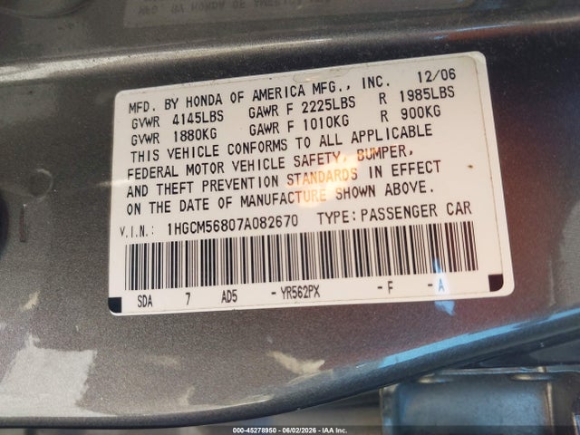 45278950 :رقم المزاد ، 1HGCM56807A082670 vin ، 2007 Honda Accord 2.4 Ex مزاد بيع