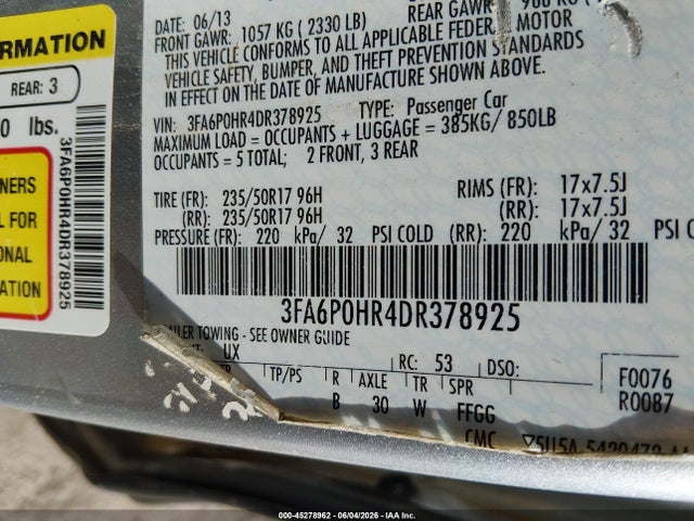 45278962 :رقم المزاد ، 3FA6P0HR4DR378925 vin ، 2013 Ford Fusion Se مزاد بيع