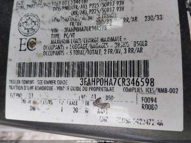 Продажа на аукционе авто 2012 Ford Fusion Se, vin: 3FAHP0HA7CR346598, номер лота: 45278980