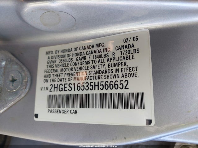 Продаж на аукціоні авто 2005 Honda Civic Lx, vin: 2HGES16535H566652, номер лоту: 45278983