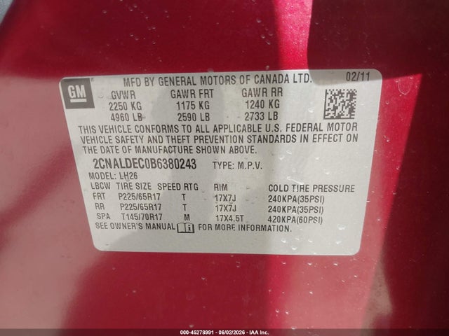 Продаж на аукціоні авто 2011 Chevrolet Equinox 1lt, vin: 2CNALDEC0B6380243, номер лоту: 45278991