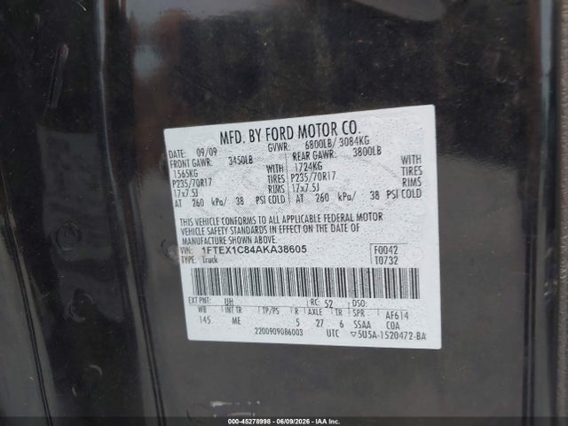 Aukcja sprzedaży 2010 Ford F-150 Fx2 Sport/stx/xl/xlt, vin: 1FTEX1C84AKA38605, numer aukcji: 45278998