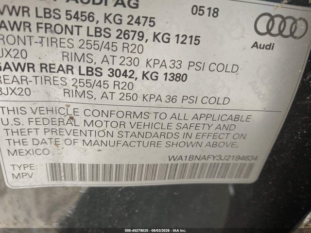 Aukcja sprzedaży 2018 Audi Q5 2.0t Premium/2.0t Tech Premium, vin: WA1BNAFY3J2194634, numer aukcji: 45279020