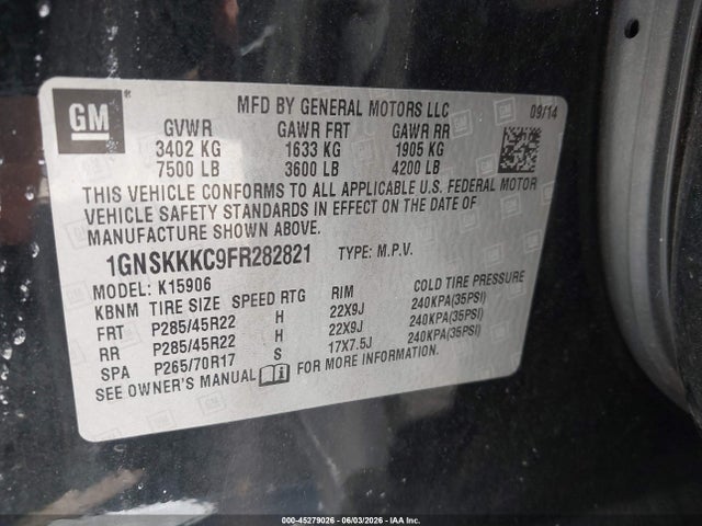 Продаж на аукціоні авто 2015 Chevrolet Suburban 1500 Ltz, vin: 1GNSKKKC9FR282821, номер лоту: 45279026
