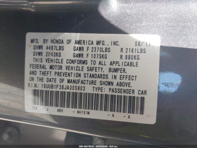 Aukcja sprzedaży 2018 Acura Tlx, vin: 19UUB1F36JA005803, numer aukcji: 45279032
