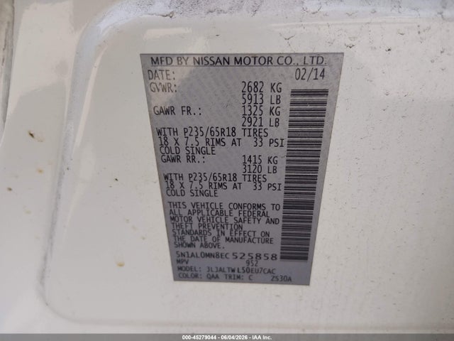 Aukcja sprzedaży 2014 Infiniti Qx60, vin: 5N1AL0MN8EC525858, numer aukcji: 45279044