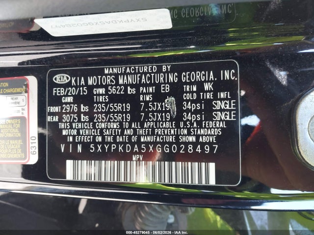 2016 Kia Sorento 3.3l Sxl მანქანა იყიდება აუქციონზე, vin: 5XYPKDA5XGG028497, აუქციონის ნომერი: 45279045