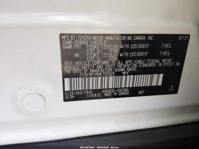 45279047 :رقم المزاد ، 2T3H1RFV6MC155923 vin ، 2021 Toyota Rav4 Le مزاد بيع