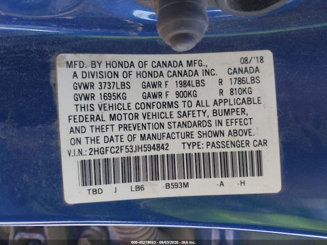 Продаж на аукціоні авто 2018 Honda Civic Lx, vin: 2HGFC2F53JH594842, номер лоту: 45279053