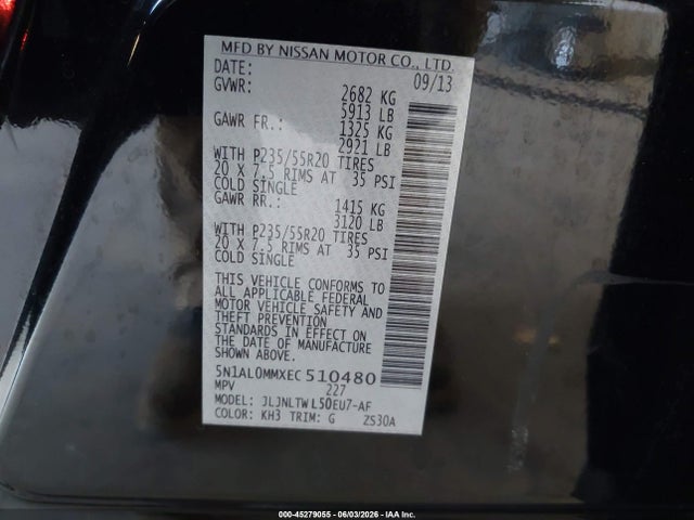 45279055 :رقم المزاد ، 5N1AL0MMXEC510480 vin ، 2014 Infiniti Qx60 مزاد بيع