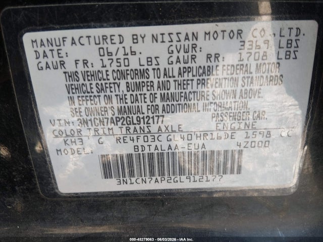 Nissan Versa 1.6 S 2016 3N1CN7AP2GL912177 Image 9
