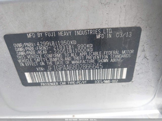 45279069 :رقم المزاد ، JF1GPAA68D2866645 vin ، 2013 Subaru Impreza 2.0i مزاد بيع