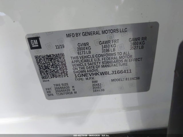 Aukcja sprzedaży 2020 Chevrolet Traverse Awd Lt Leather, vin: 1GNEVHKW8LJ166411, numer aukcji: 45279109