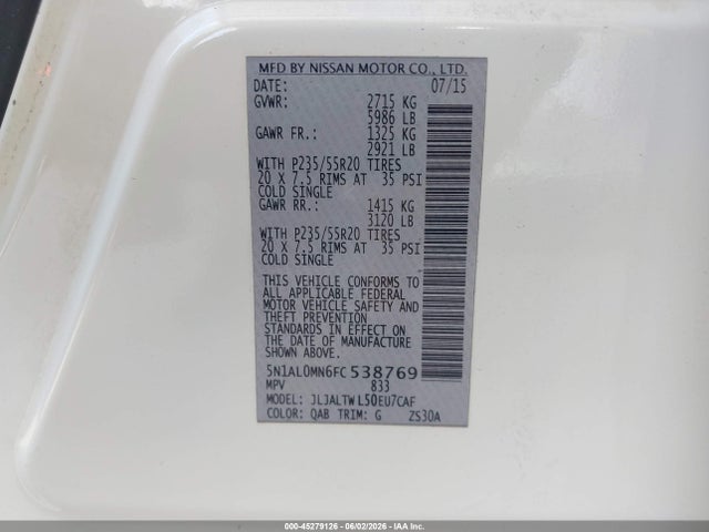 Aukcja sprzedaży 2015 Infiniti Qx60, vin: 5N1AL0MN6FC538769, numer aukcji: 45279126