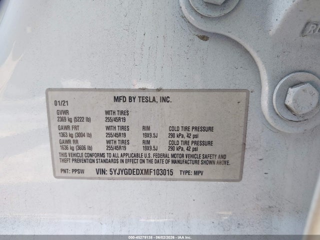 Tesla Model Y Standard Range Rear-wheel Drive 2021 5YJYGDEDXMF103015 Image 9