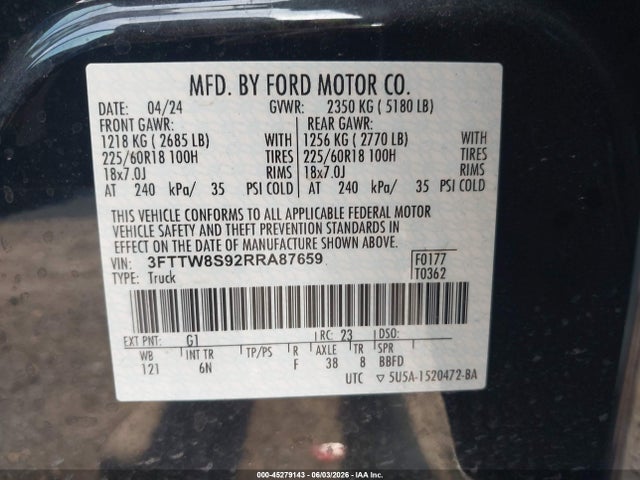 Продажа на аукционе авто 2024 Ford Maverick Lariat, vin: 3FTTW8S92RRA87659, номер лота: 45279143