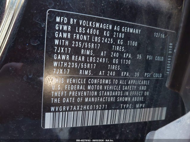 Aukcja sprzedaży 2017 Volkswagen Tiguan 2.0t Wolfsburg Edition, vin: WVGRV7AX2HK019271, numer aukcji: 45279163