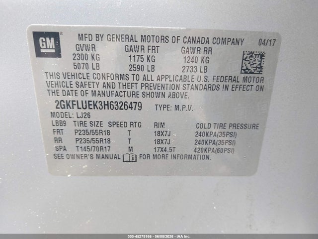 Aukcja sprzedaży 2017 Gmc Terrain Slt, vin: 2GKFLUEK3H6326479, numer aukcji: 45279166