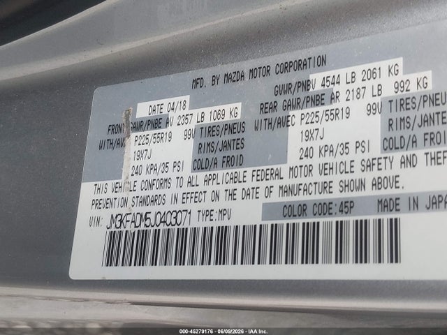 Продажа на аукционе авто 2018 Mazda Cx-5 Grand Touring, vin: JM3KFADM5J0403071, номер лота: 45279176