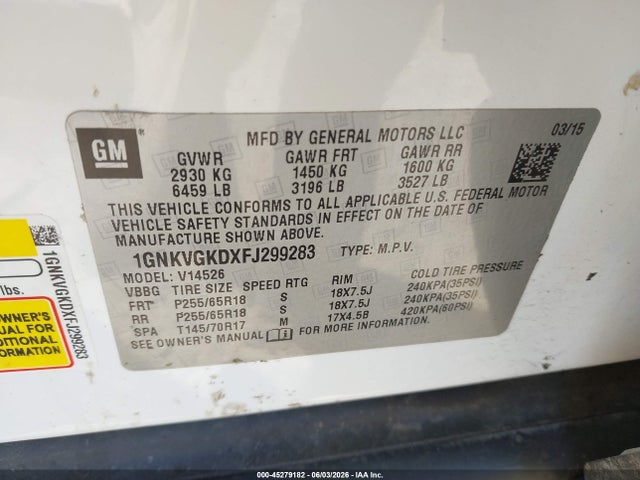 Продаж на аукціоні авто 2015 Chevrolet Traverse 1lt, vin: 1GNKVGKDXFJ299283, номер лоту: 45279182