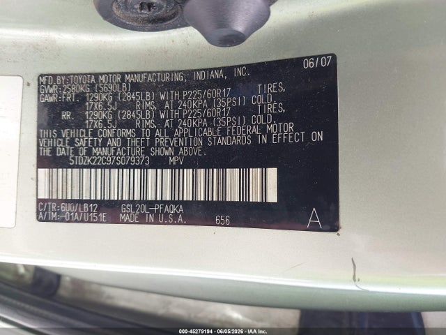 Продажа на аукционе авто 2007 Toyota Sienna Xle, vin: 5TDZK22C97S079373, номер лота: 45279194