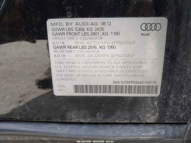 Продажа на аукционе авто 2013 Audi Q5 2.0t Premium, vin: WA1LFAFP0DA010575, номер лота: 45279205