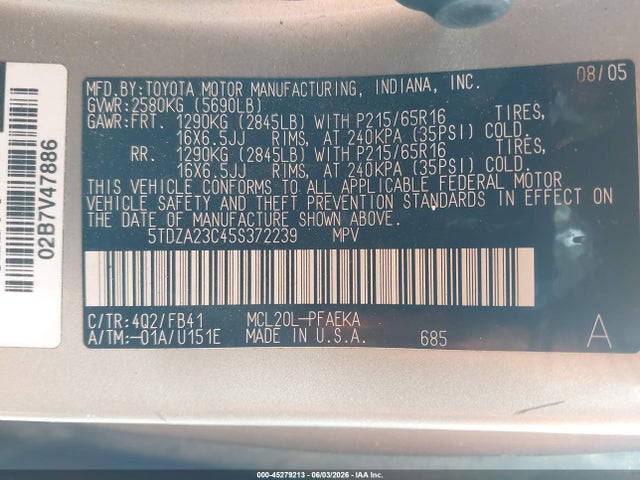 Продаж на аукціоні авто 2005 Toyota Sienna Le, vin: 5TDZA23C45S372239, номер лоту: 45279213