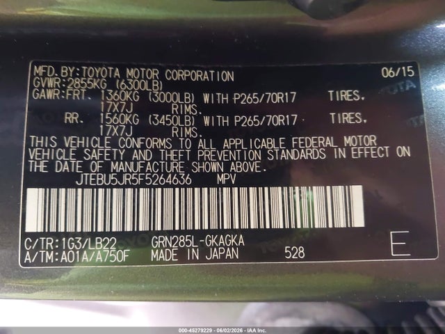 Продажа на аукционе авто 2015 Toyota 4runner Sr5 Premium, vin: JTEBU5JR5F5264636, номер лота: 45279229