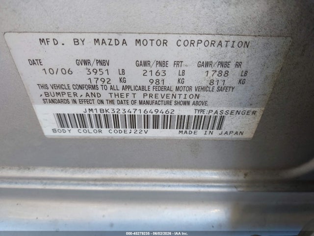 45279235 :رقم المزاد ، JM1BK323471649462 vin ، 2007 Mazda Mazda3 S Touring مزاد بيع