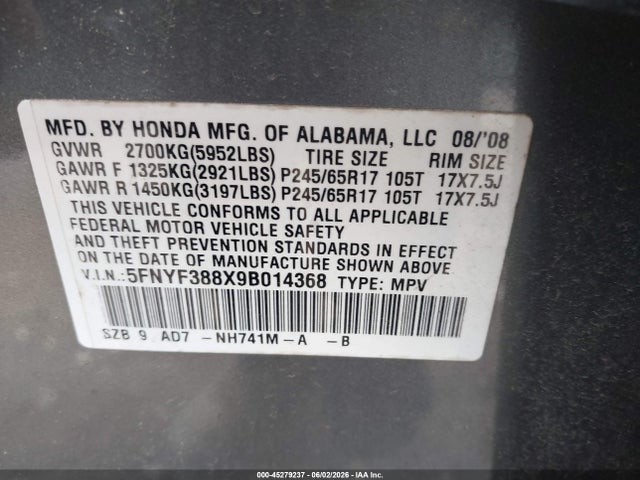 Aukcja sprzedaży 2009 Honda Pilot Touring, vin: 5FNYF388X9B014368, numer aukcji: 45279237