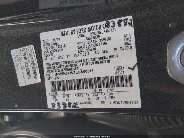 Продажа на аукционе авто 2020 Ford Explorer Limited, vin: 1FM5K7FW7LGA00511, номер лота: 45279238