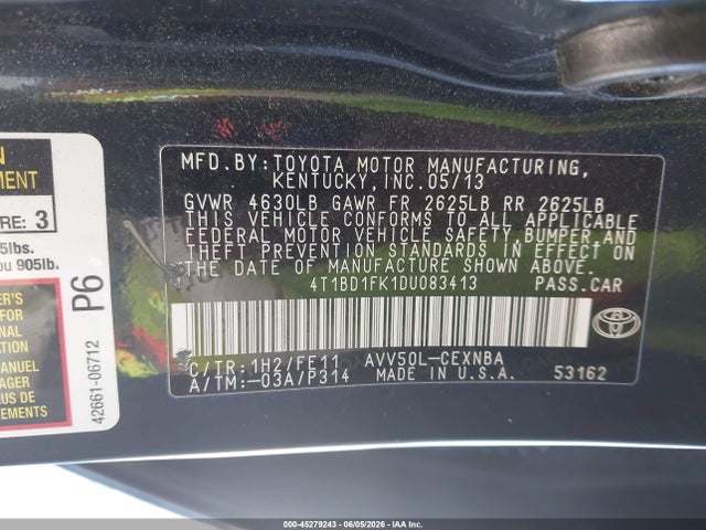 Aukcja sprzedaży 2013 Toyota Camry Hybrid Le, vin: 4T1BD1FK1DU083413, numer aukcji: 45279243