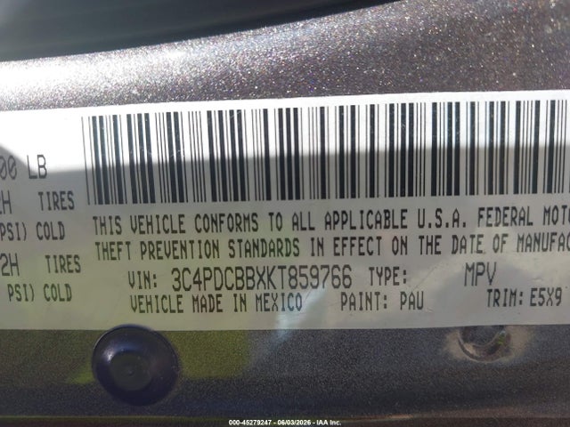 45279247 :رقم المزاد ، 3C4PDCBBXKT859766 vin ، 2019 Dodge Journey Se مزاد بيع