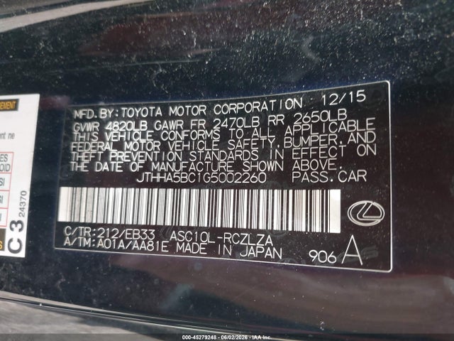 Aukcja sprzedaży 2016 Lexus Rc 200t, vin: JTHHA5BC1G5002260, numer aukcji: 45279248